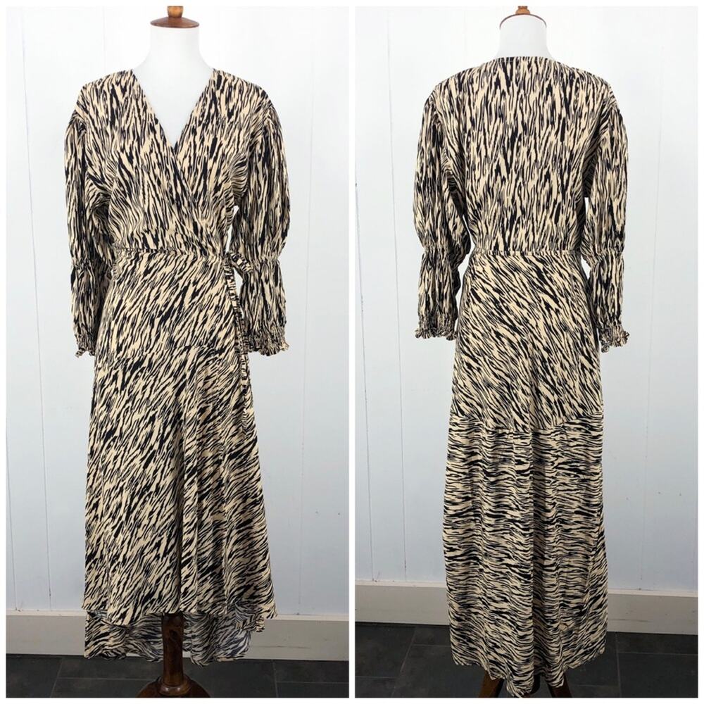 Bali ELF Made by Hand Wrap Dress Midi Smocked Puff Sleeves Size Large Tan Brown